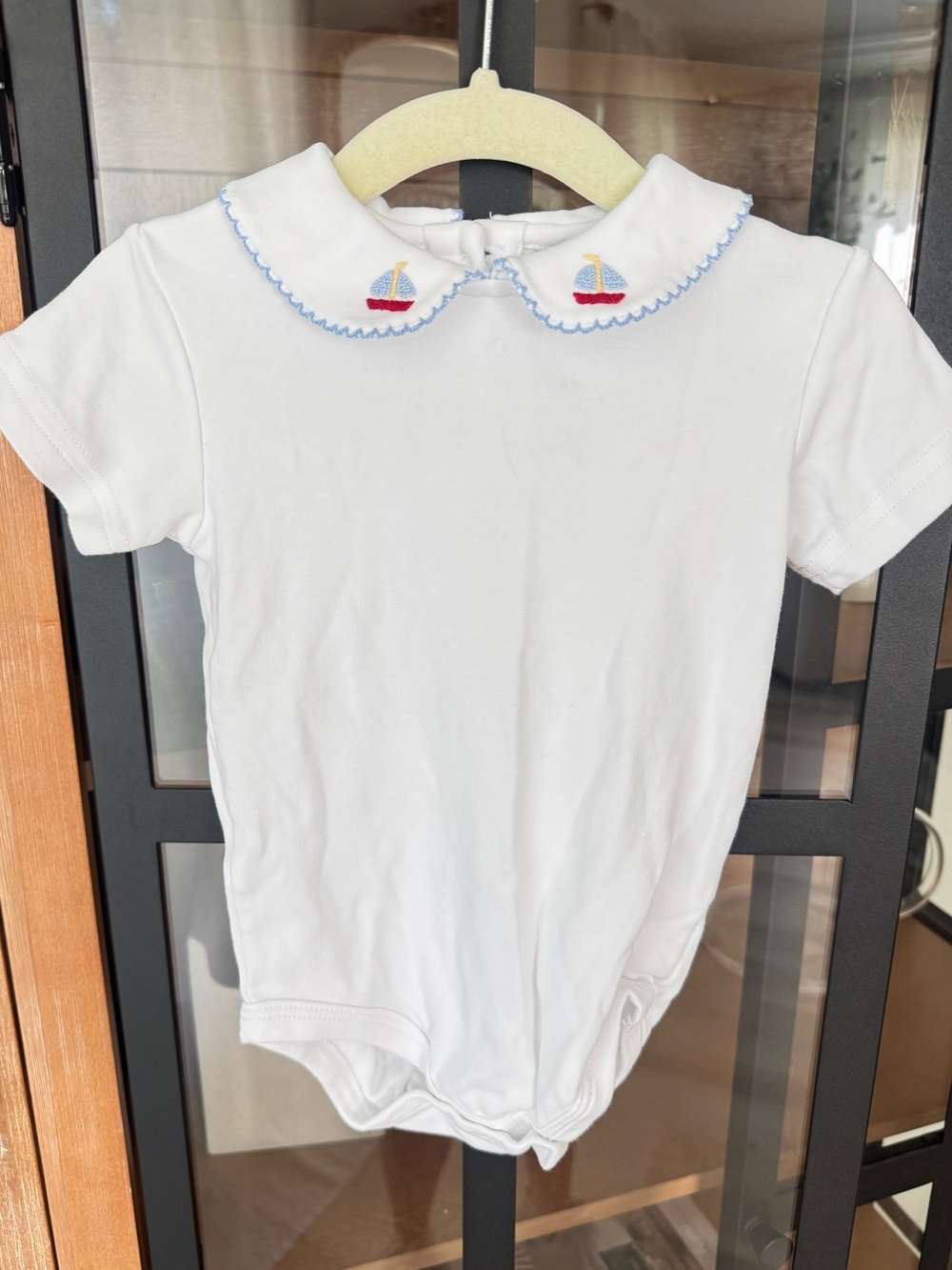 Little English sailboats pinpoint onesie pima baby peter pan collar embroidered